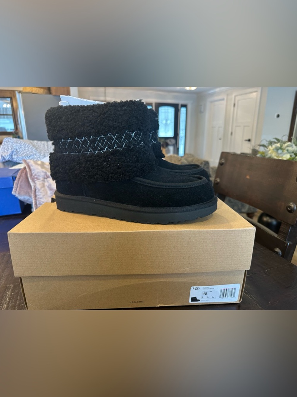 UGG Black Suede Shearling Cuff Ankle Slippers